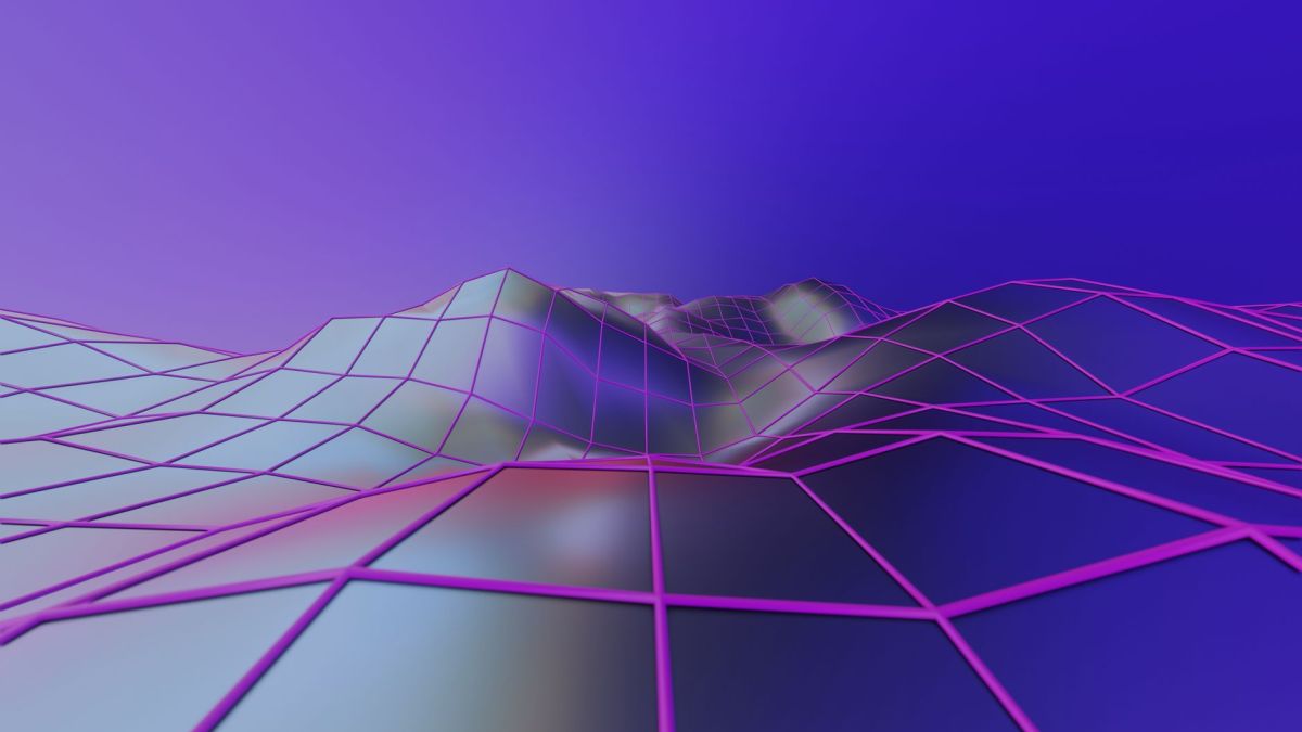 Abstract 3D geometric landscape with vibrant colors and futuristic digital style.