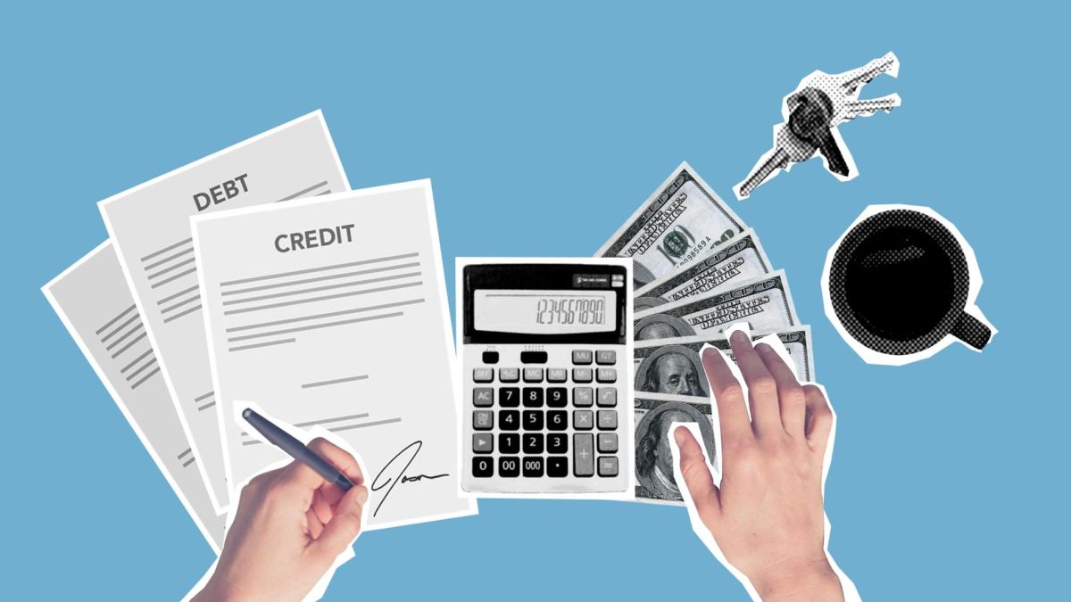 Top view of cutout paper composition of male signing credit paper while counting cash and apartment cost against blue background
