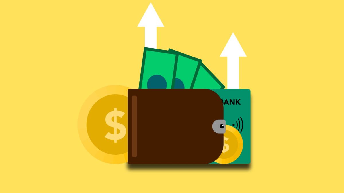 Illustration of wallet with money banknotes coins and bank card in wallet with arrows up showing income growth on yellow background