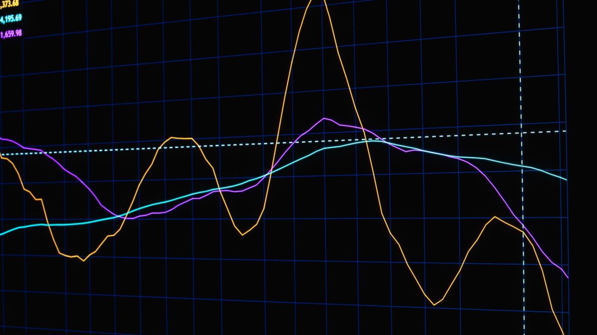 Colorful financial graph lines displayed on a black screen showing market data and trends.