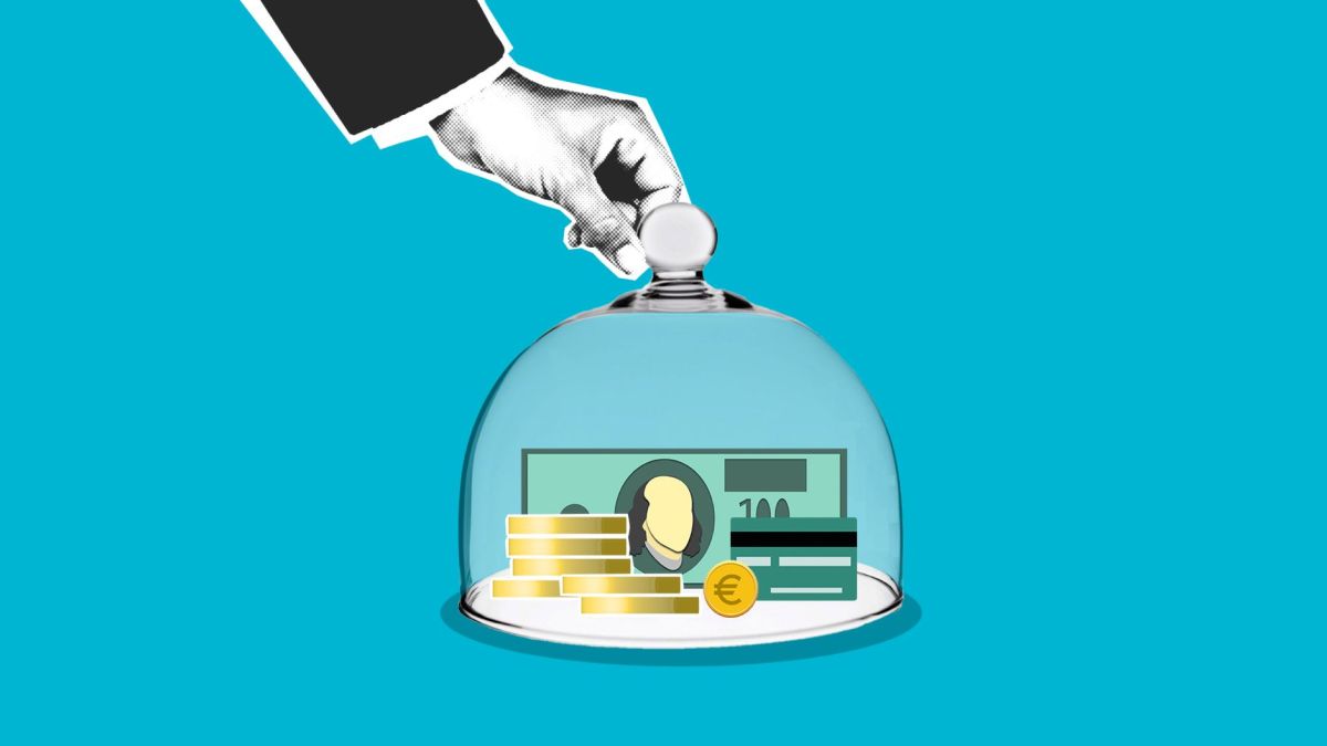 Decorative cardboard illustration of person hand putting transparent dome on dollar banknotes and coins on blue background