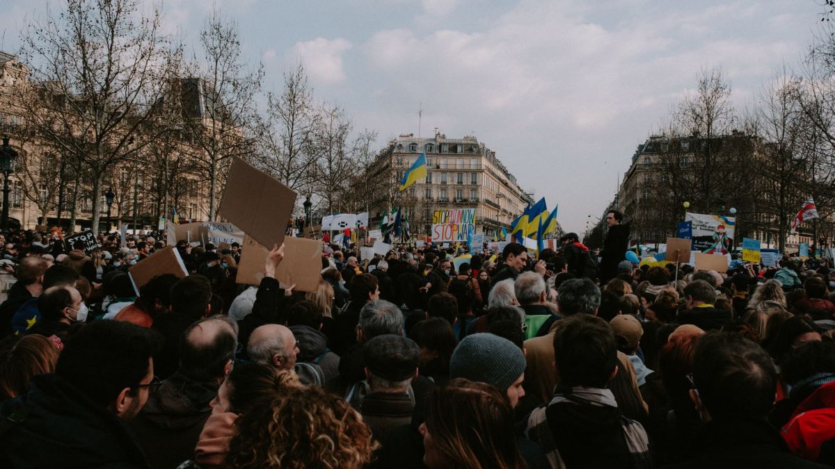 A bustling city protest with diverse activists holding flags and placards on a cloudy day.