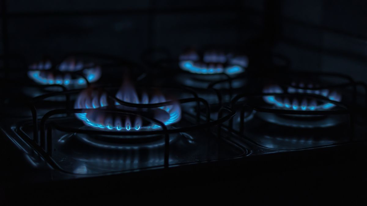 A dark, atmospheric image capturing the blue flames of gas stove burners indoors.