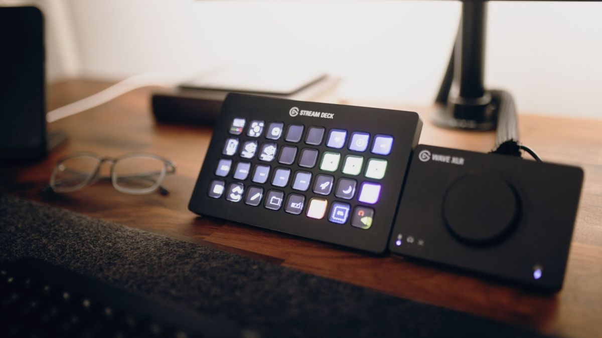 Stream Deck and audio interface on a modern workspace desk.