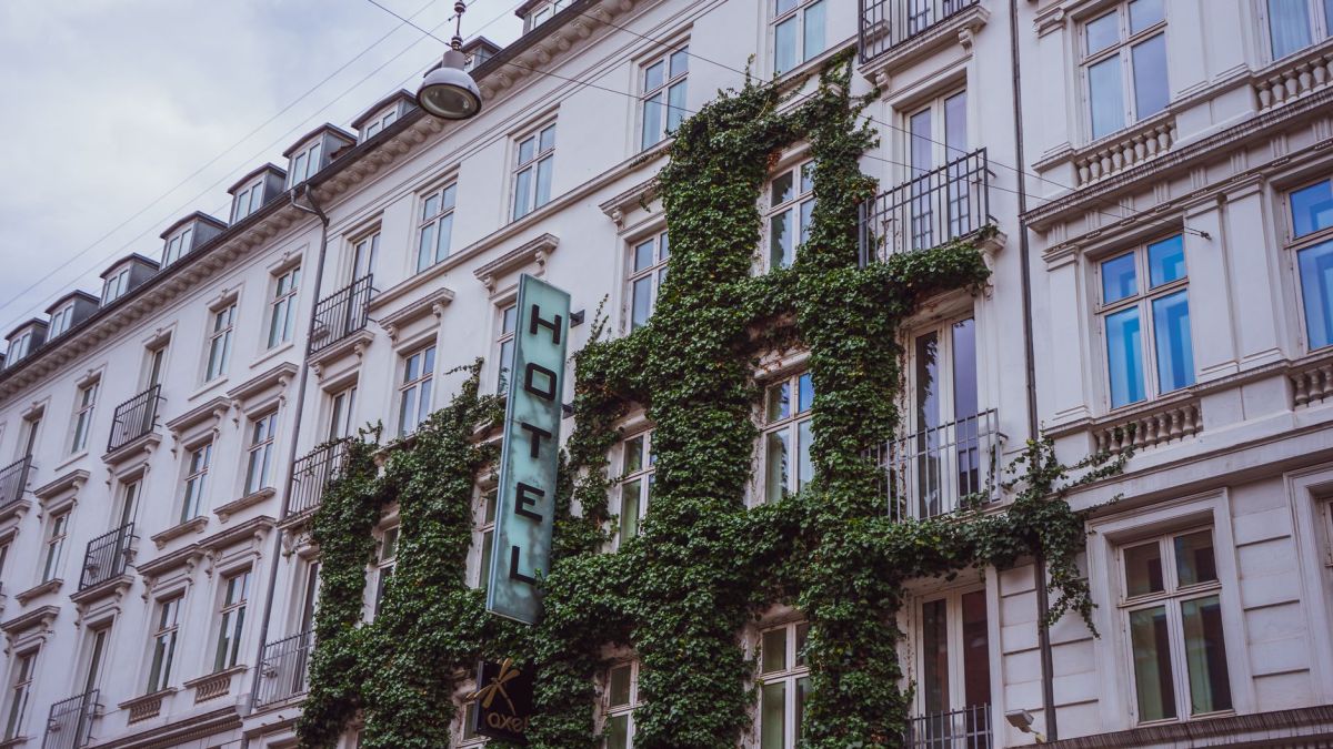 Elegant hotel facade covered in lush ivy, located in urban Copenhagen.
