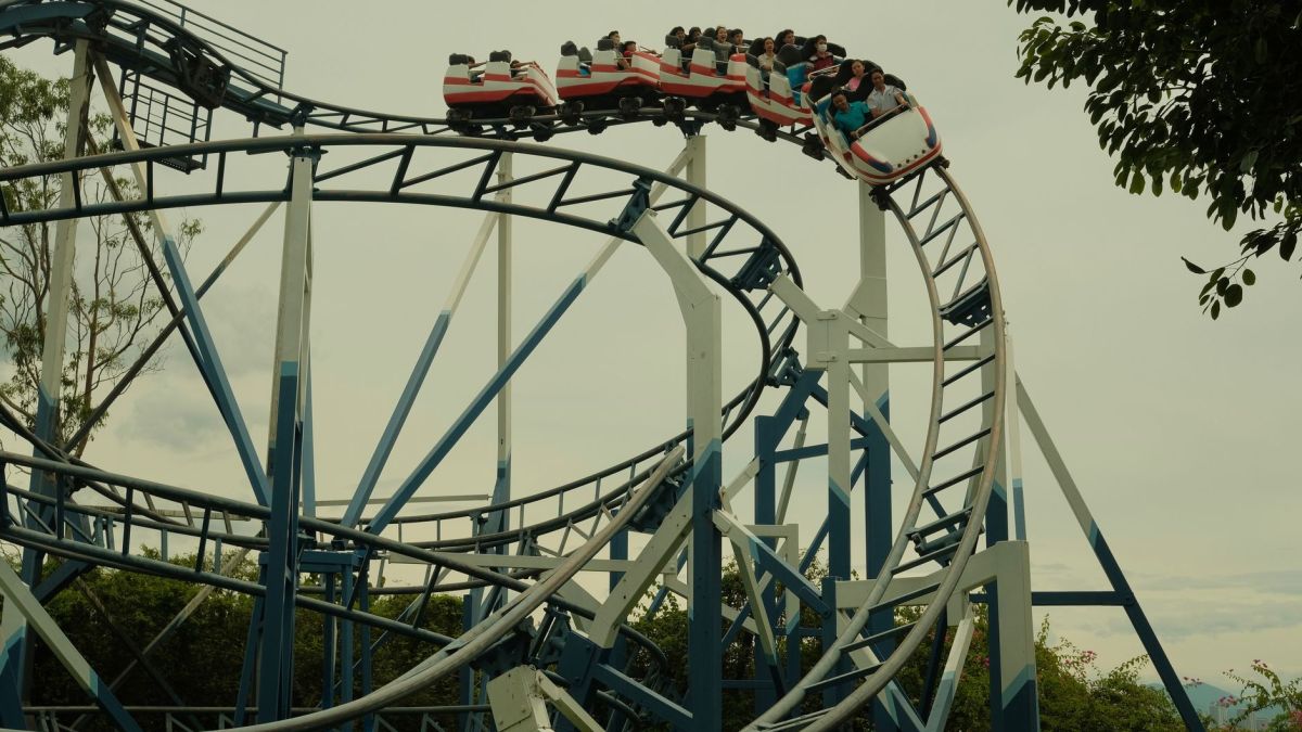Thrilling roller coaster ride in an outdoor amusement park setting during the day.