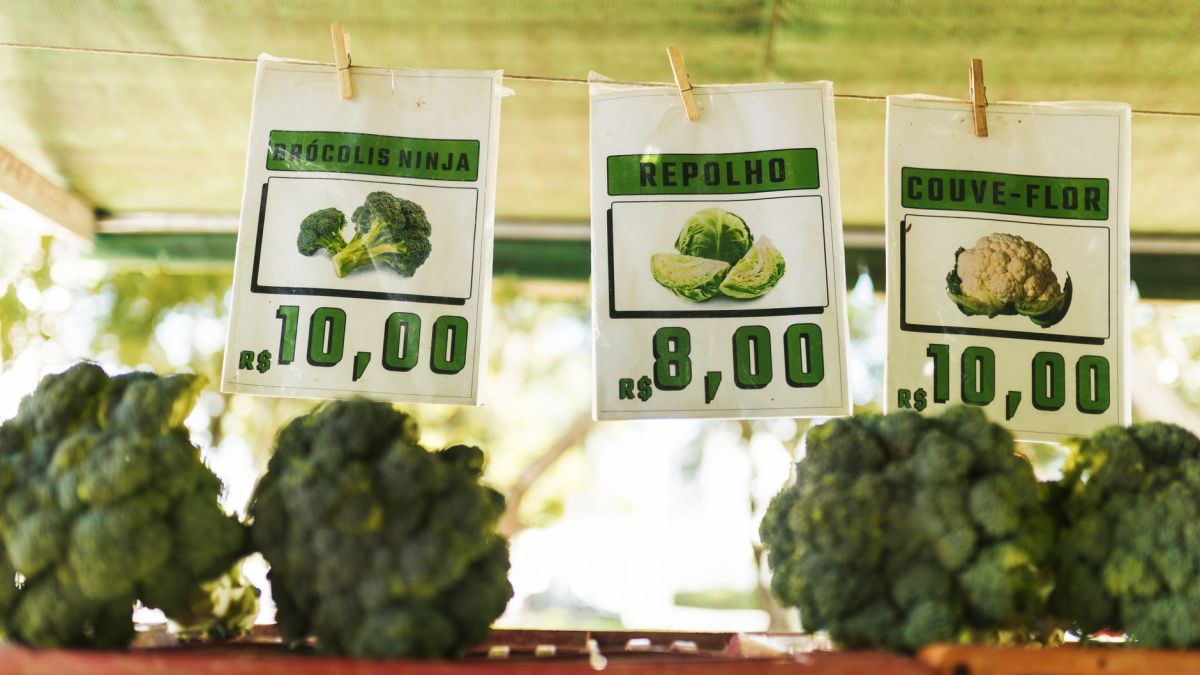 Colorful display of fresh vegetables with price tags at a local market, showcasing broccoli, cabbage, and cauliflower.