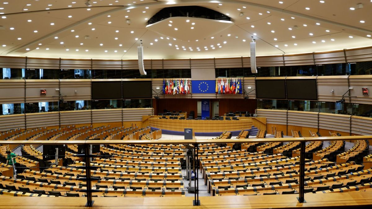 Empty European Parliament auditorium in Brussels, Belgium.