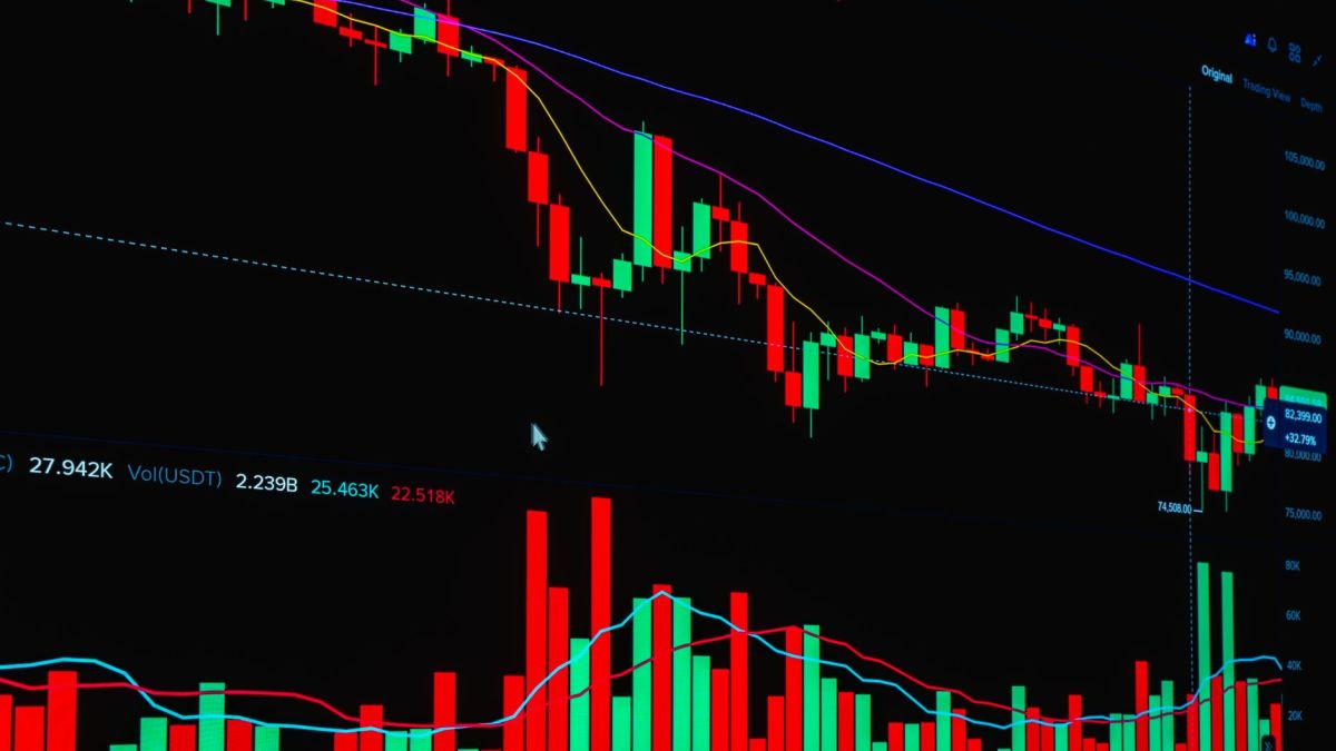 Vibrant digital chart showcasing cryptocurrency market trends with candlestick patterns.