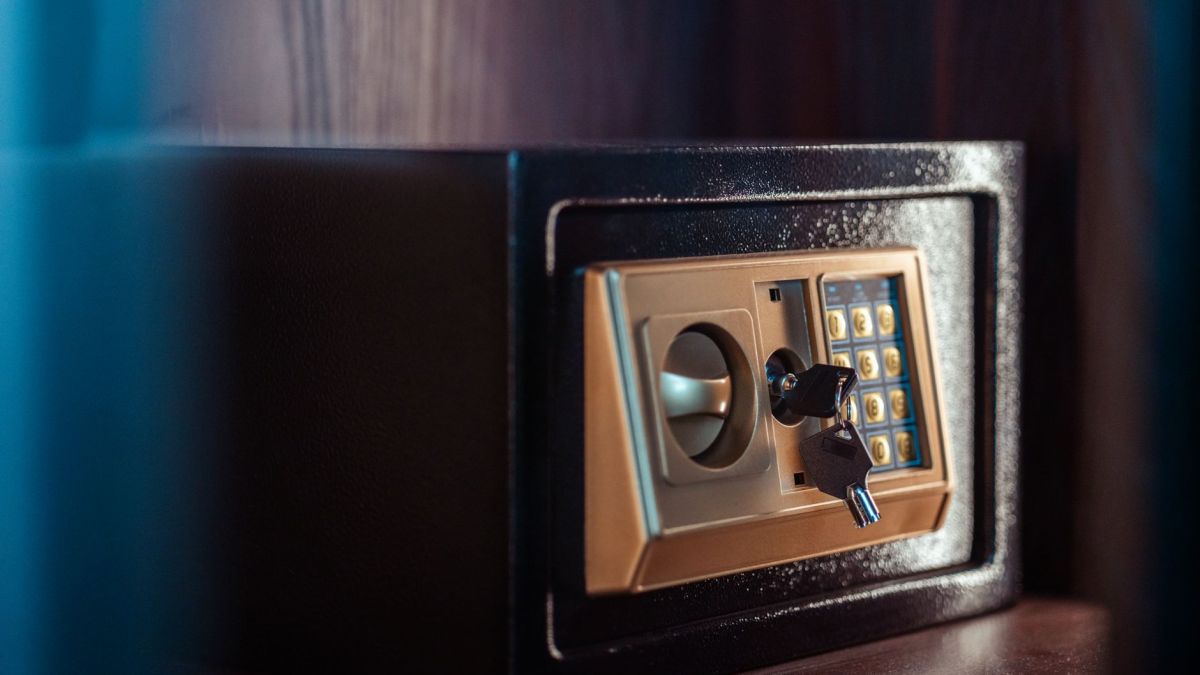 Close-up image of an electronic safe with a key in Baghdad, Iraq.