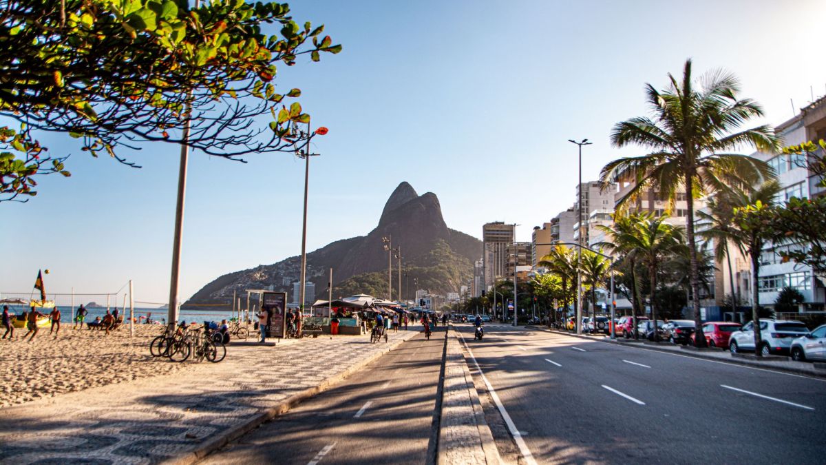View of Ipanema Beach and Dois Irmãos mountain in Rio de Janeiro, Brazil, on a sunny day.
