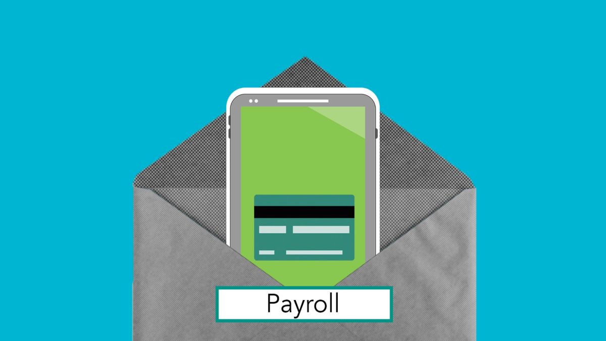 Decorative cardboard illustration of cellphone with application on screen in envelope with Payroll inscription on blue background