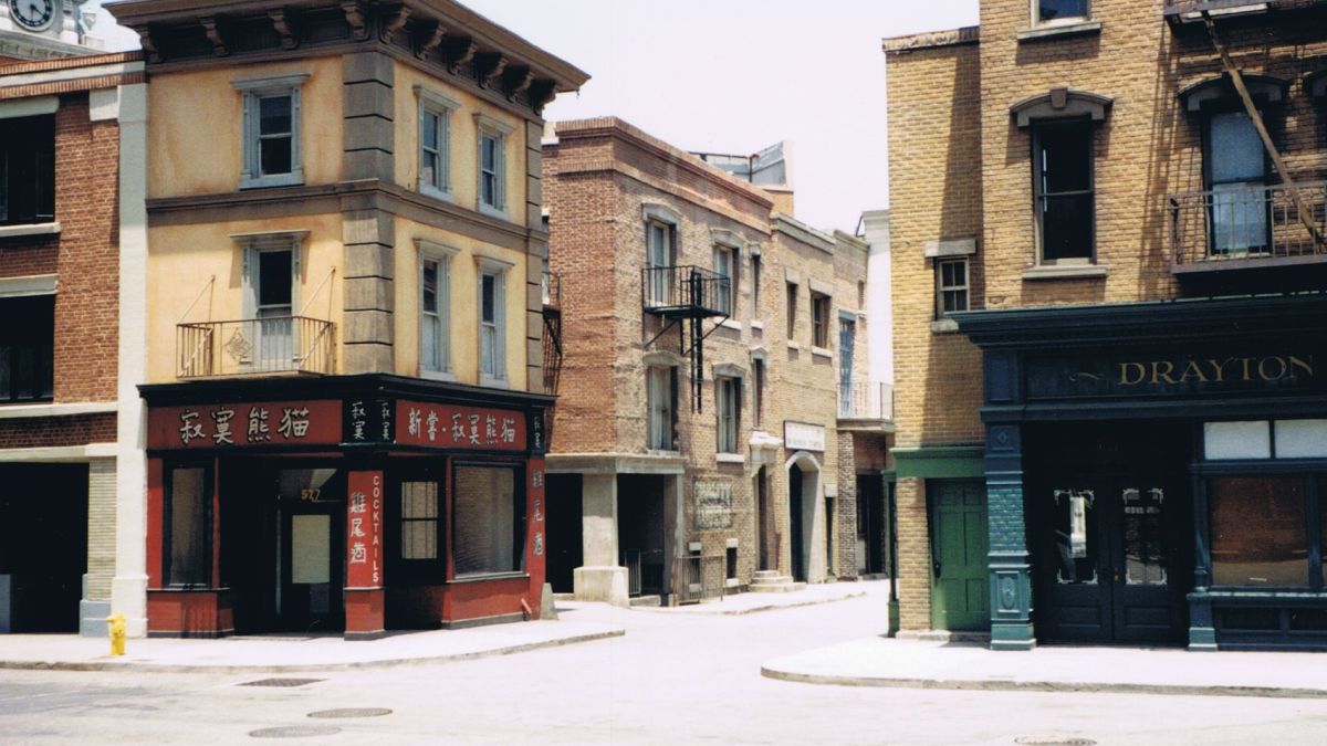 Street view of vintage brick structures on a nostalgic film set.