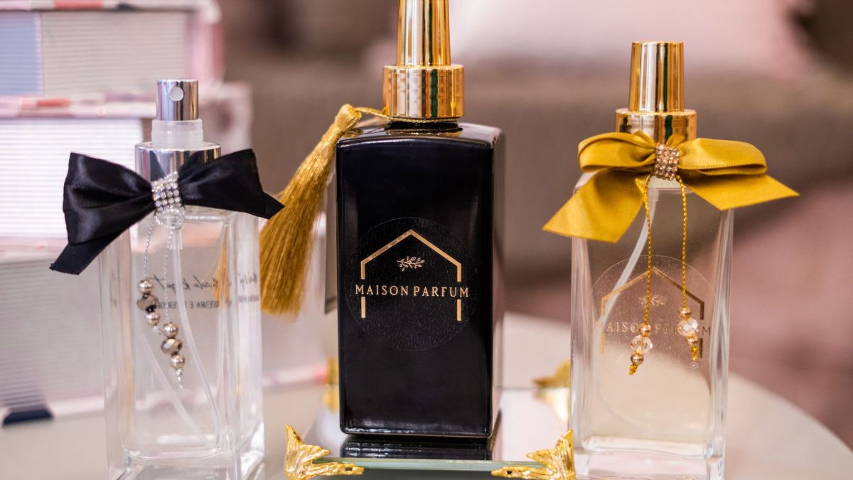 Stylish perfume bottles showcasing elegance and luxury on decorative display