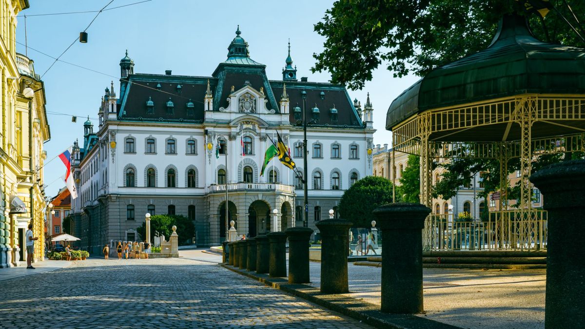 Stunning view of the University of Ljubljana in summer with historic architecture.