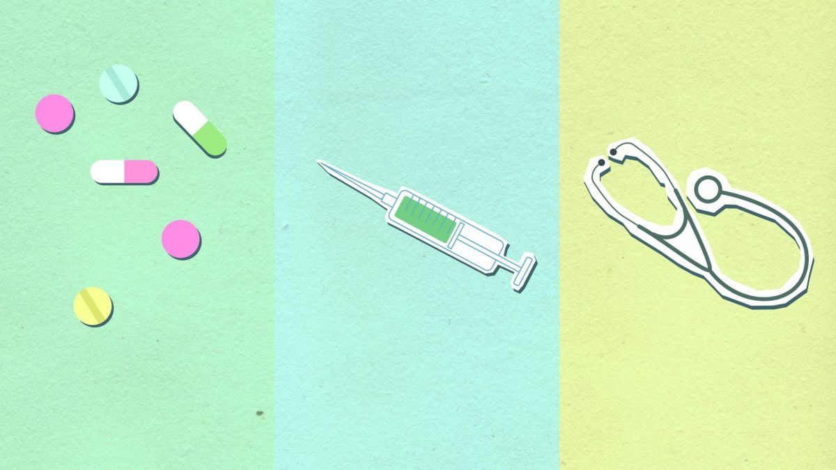 Top view of decorative cardboard appliques representing assorted medications near syringe with vaccine and stethoscope