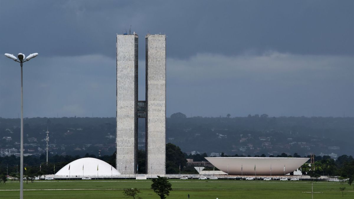 View of the Brazilian National Congress showcasing its iconic modernist architecture.