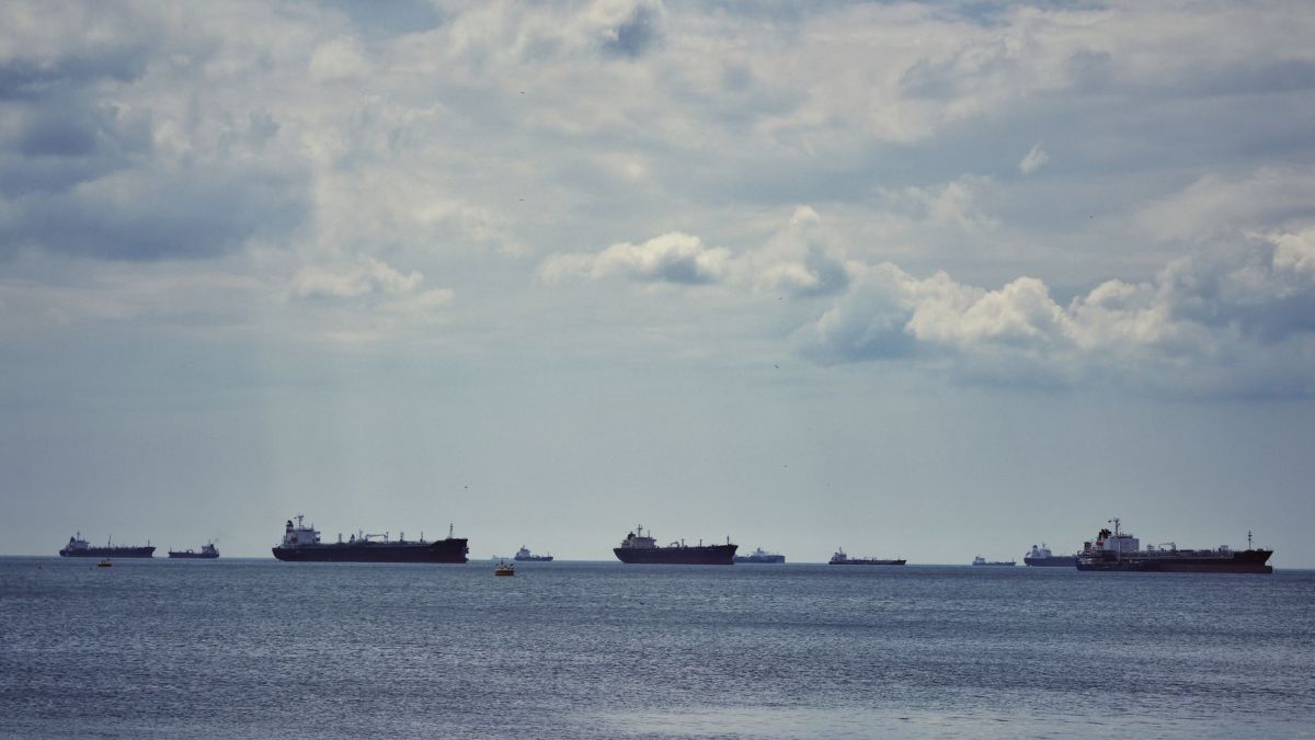 Scenic view of multiple cargo ships anchored on the Bosphorus Strait under a cloudy sky in İstanbul.
