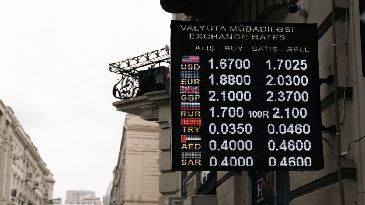 Currency exchange rates sign on a street in Baku, Azerbaijan.