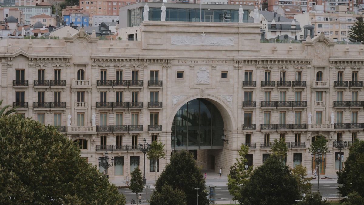 Front view of the majestic Banco Santander building in Santander, Spain.