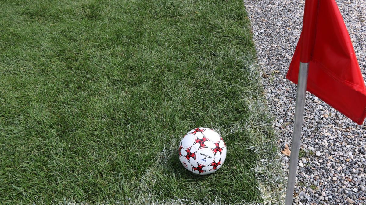 A close-up of a soccer ball near a red corner flag on a grass field, ideal for sports themes.