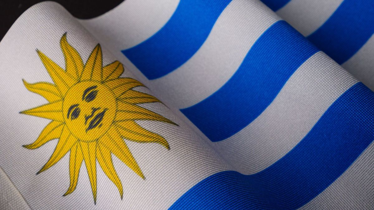 Detailed view of the Uruguayan flag showcasing the sun emblem and blue stripes.