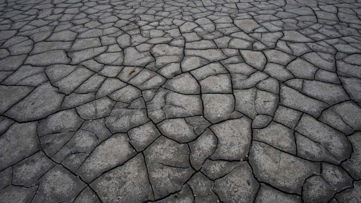 Aerial view of cracked, dry land symbolizing drought and climate impact.