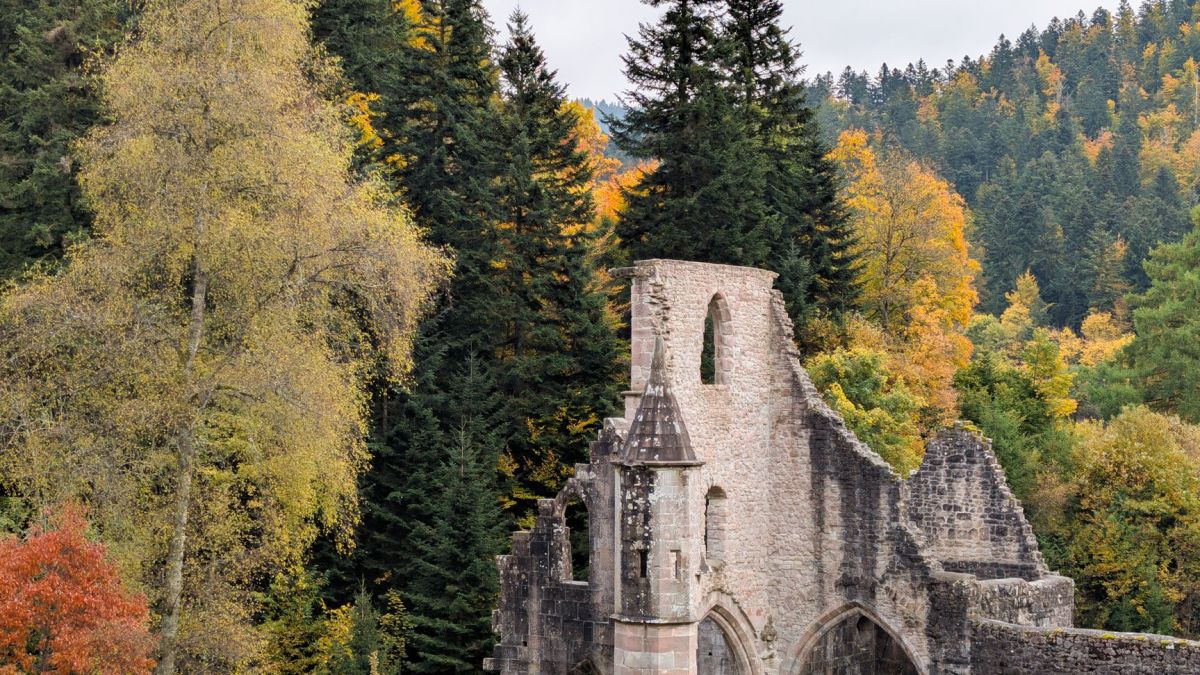 Ruins in Oppenau, Germany surrounded by colorful autumn foliage in the Black Forest.